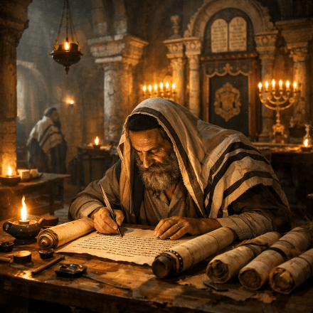 Jewish scribe in traditional attire writing Hebrew text on a Torah scroll at a wooden table with candles