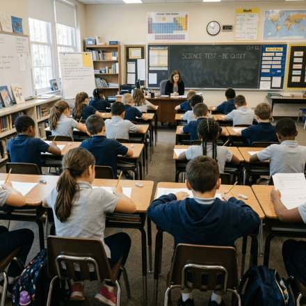 Elementary students taking a science test at desks with teacher monitoring