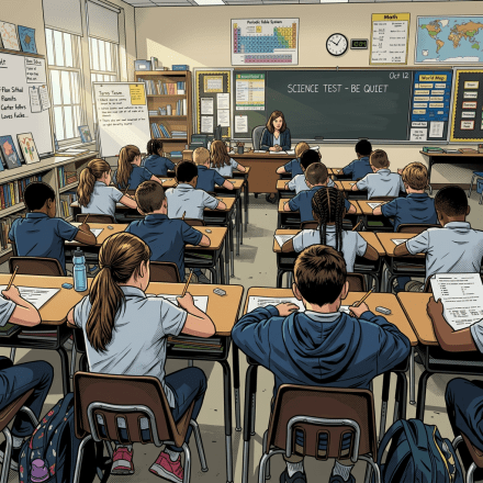 Elementary students taking a science test at desks with teacher monitoring