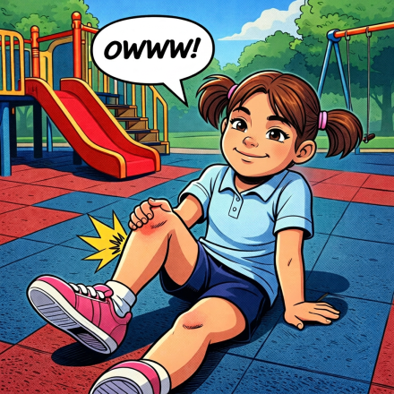 Young girl sitting on playground floor crying with injured knee