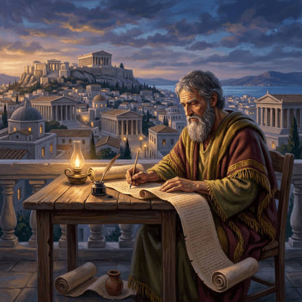 Elderly man writing on a scroll by lamp with ancient cityscape background