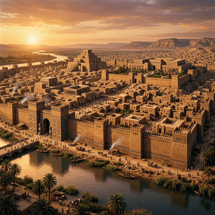 Ancient Mesopotamian city with city walls, ziggurat, river, and people at sunset