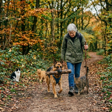 walking with a stick while a dog holding a large stick and three cats on a forest path