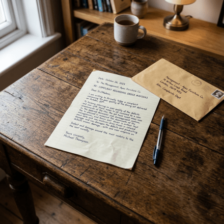 Handwritten complaint letter about furniture defects next to an envelope and pen on a wooden table