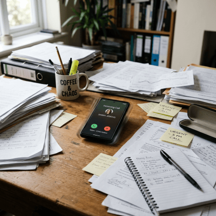 Cluttered desk with paperwork, “COFFEE & CHAOS” mug, and incoming call from Sarah Jenkins